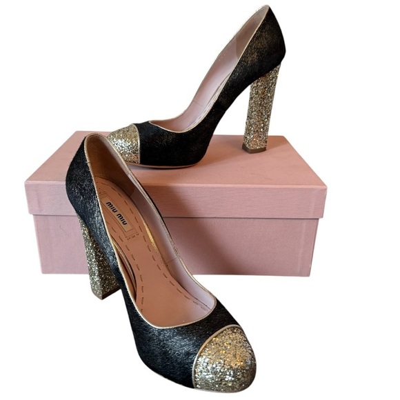 Miu Miu Shoes - Miu Miu Calzature Donna Lame Pumps Black Gold Glitter Calf hair Heels Size 38